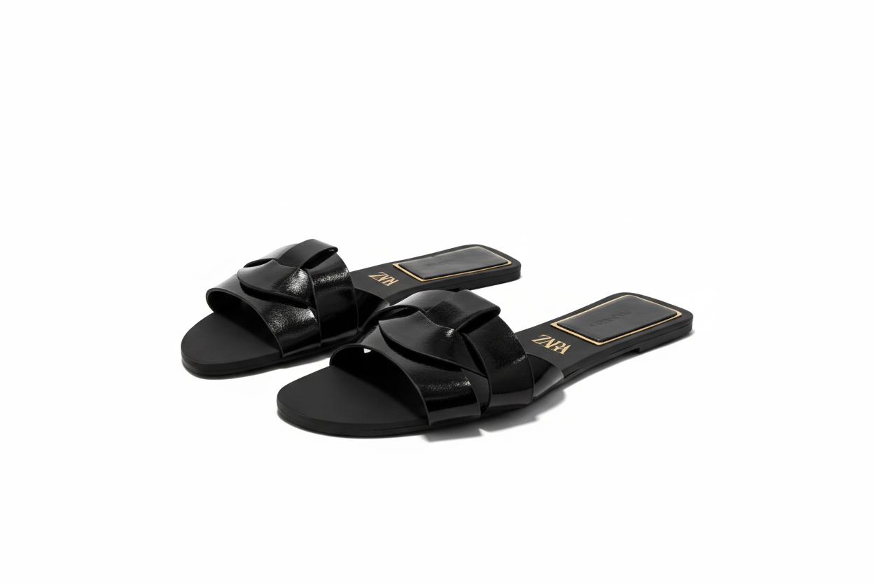 Flats Cow Black Leather Sandals