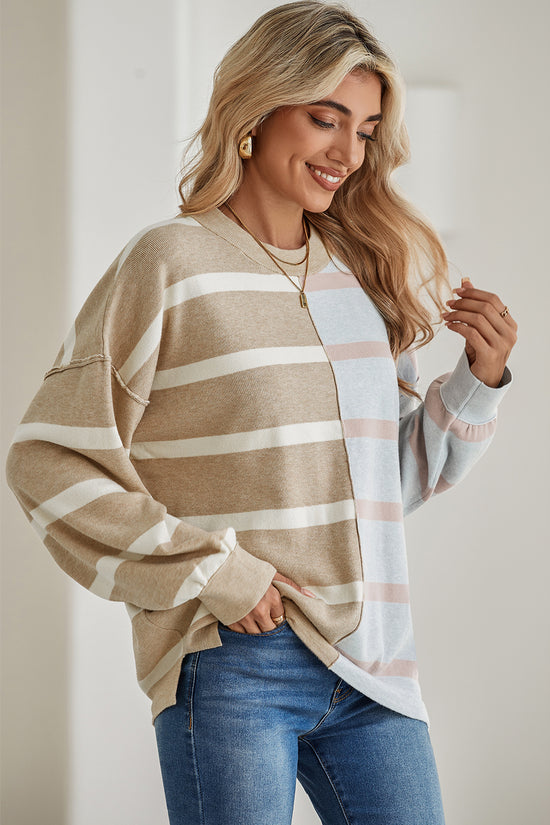 Striped Patchwork Drop Shoulder Khaki Sweater