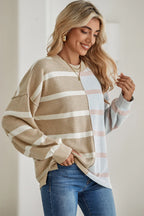 Striped Patchwork Drop Shoulder Khaki Sweater