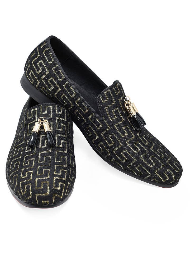 Men's Luxury Rhinestone Greek Key Baroque Tassel Slip-On Loafer Dress Shoes