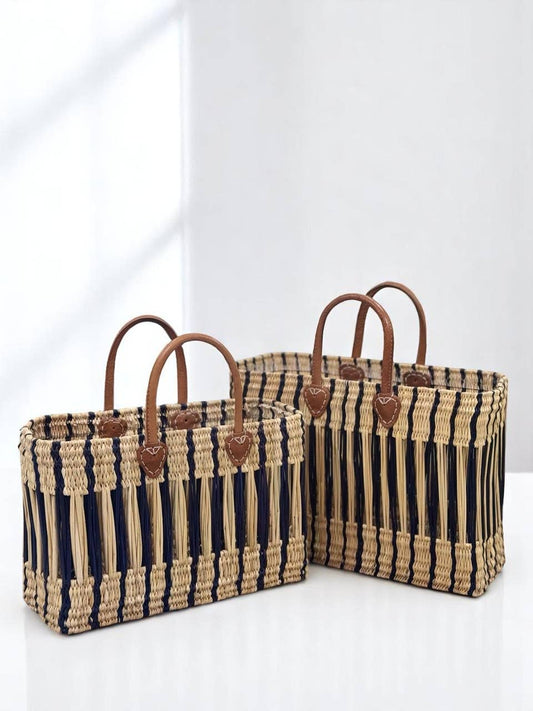 Moroccan Handwoven Straw Tote Bag with Leather Handles - Eco-Friendly Striped Design