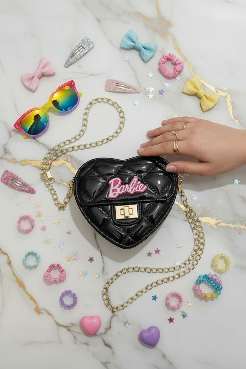 Flat lay black bag top view with kids accessories