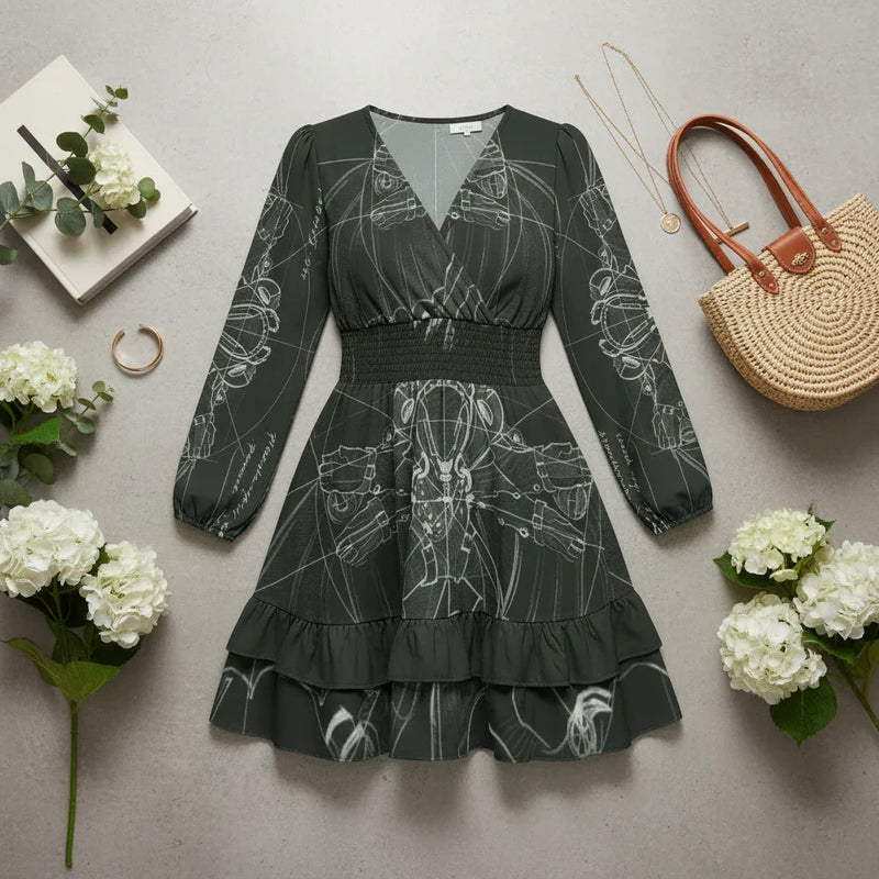 Flat lay of stylish women's black printed dress with long sleeves, straw bag, white hydrangeas, and gold jewelry on stone background, Ivorynn fashion.