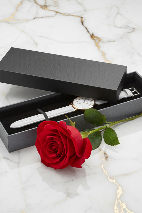 Flat lay with partially open box