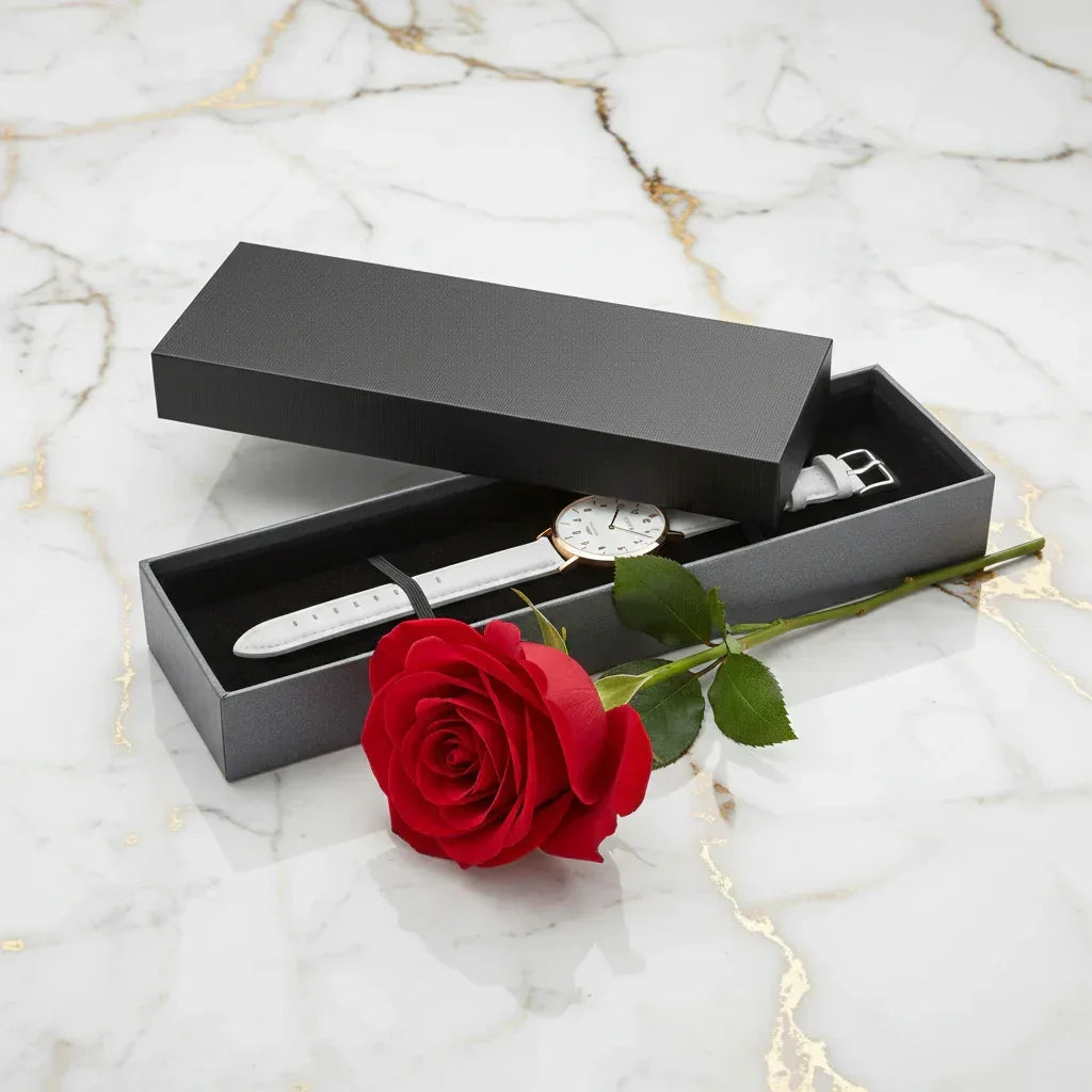 Flat lay with partially open box