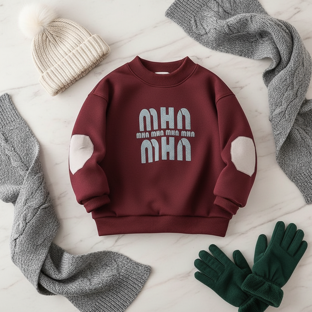 Fleece sweater on cream marble with cozy accessories