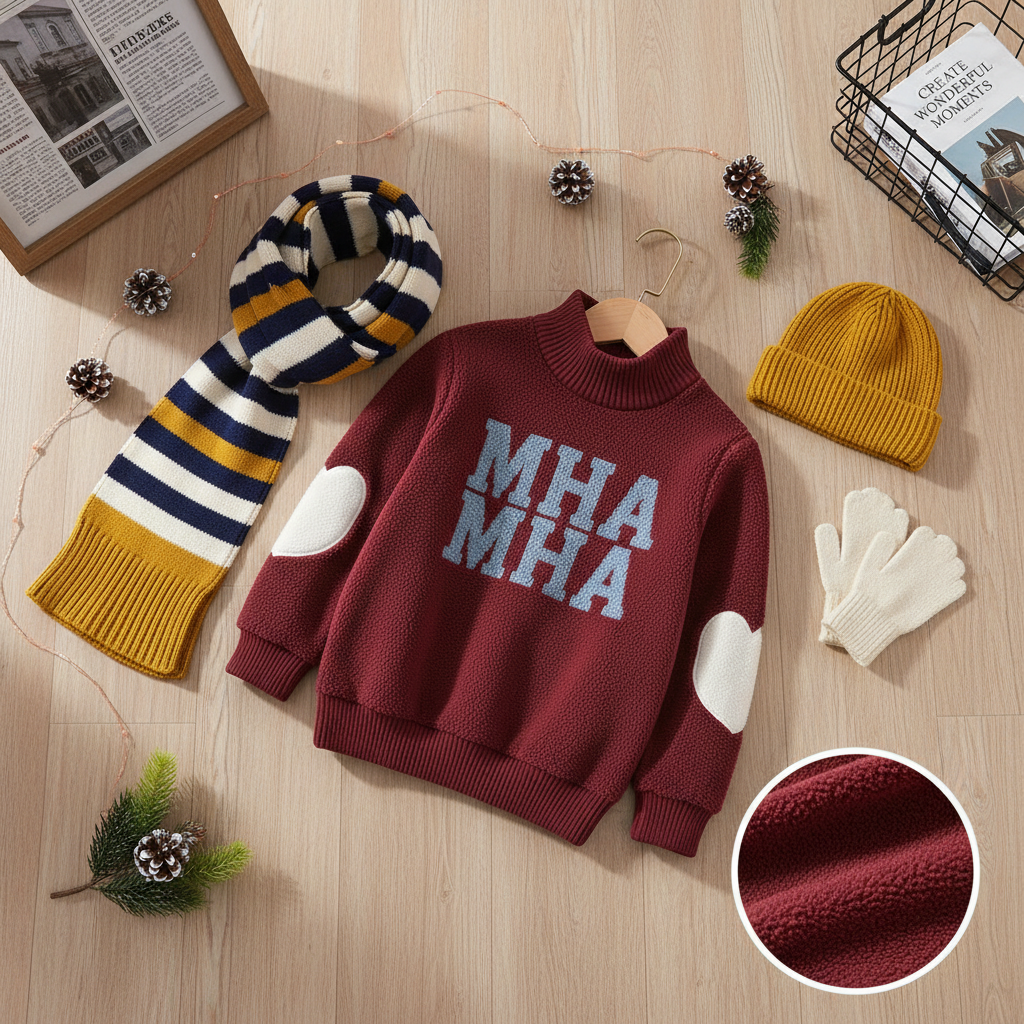 Fleece sweater on oak floor with winter essentials