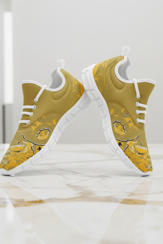 Floating sneakers above marble