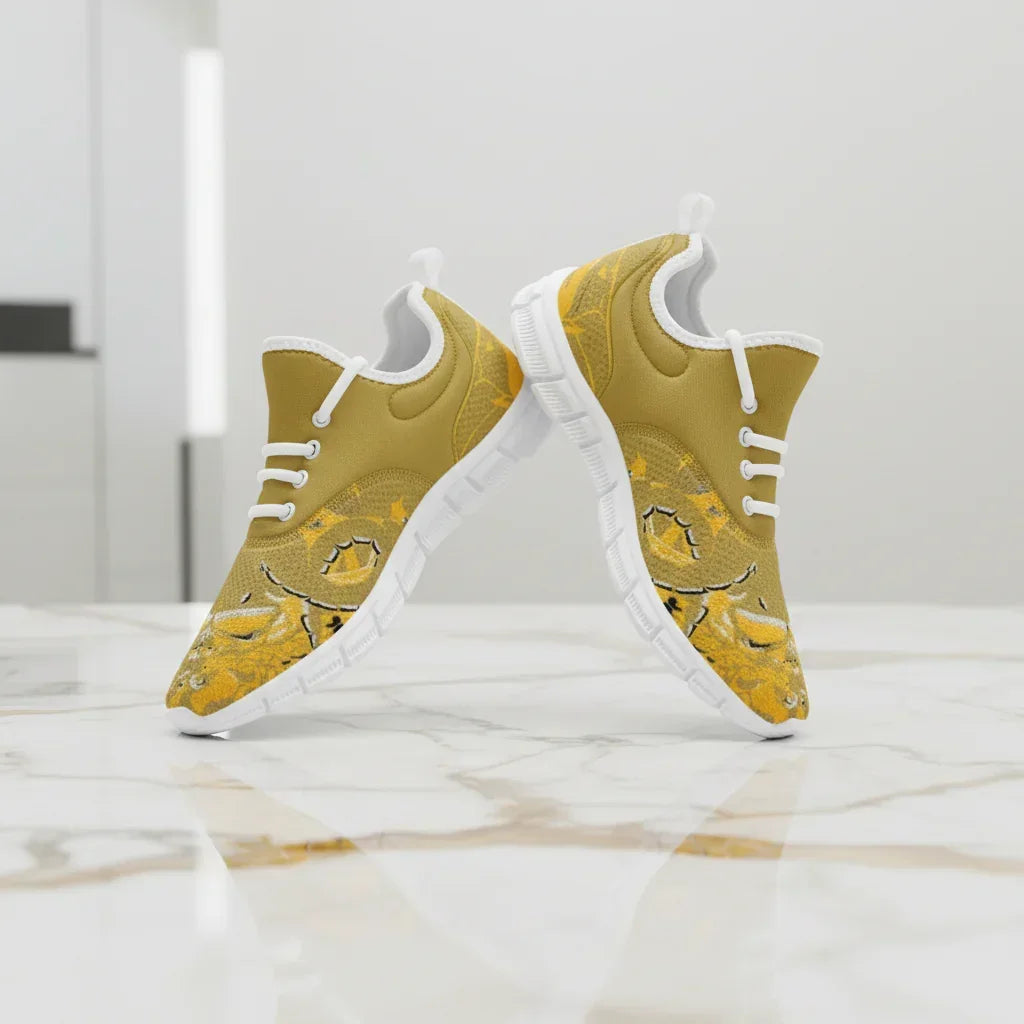 Floating sneakers above marble