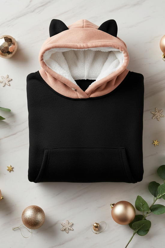 Folded hoodie with champagne baubles and eucalyptus