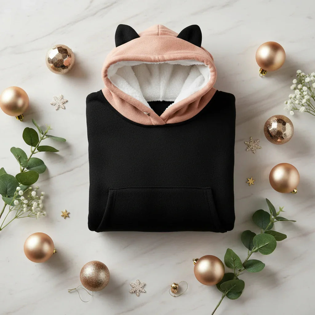Folded hoodie with champagne baubles and eucalyptus
