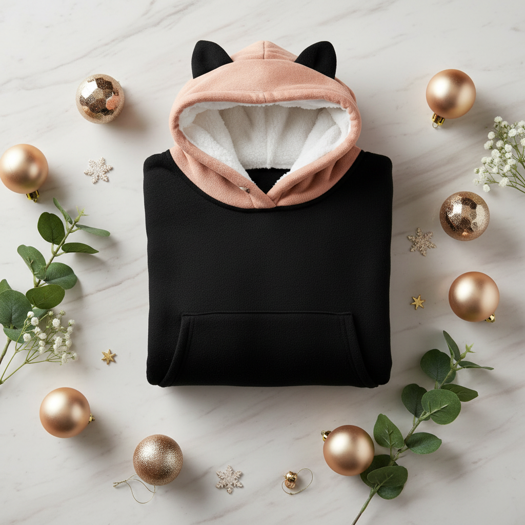 Folded hoodie with champagne baubles and eucalyptus