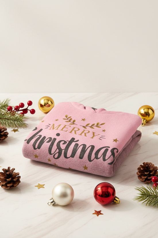 Folded hoodie with Christmas ornaments and pine cones