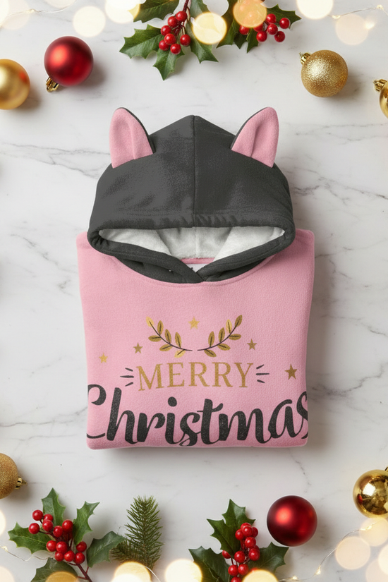 Folded hoodie with ornaments, holly, and twinkling lights