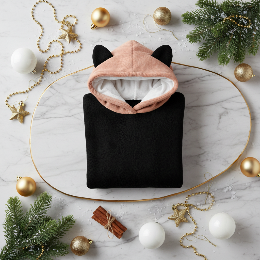 Folded hoodie with white and gold baubles and evergreen