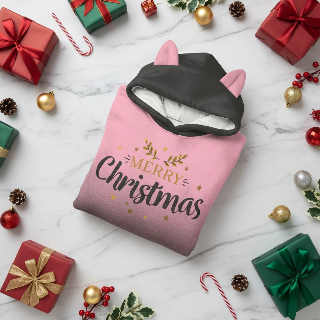 Folded hoodie with wrapped gifts and candy canes