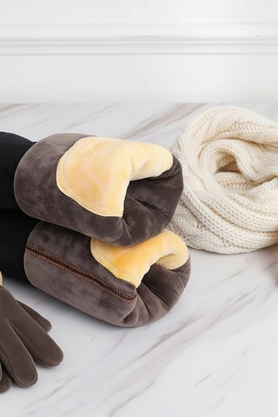 Folded in thirds with cable knit scarf and fleece gloves