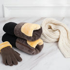 Folded in thirds with cable knit scarf and fleece gloves