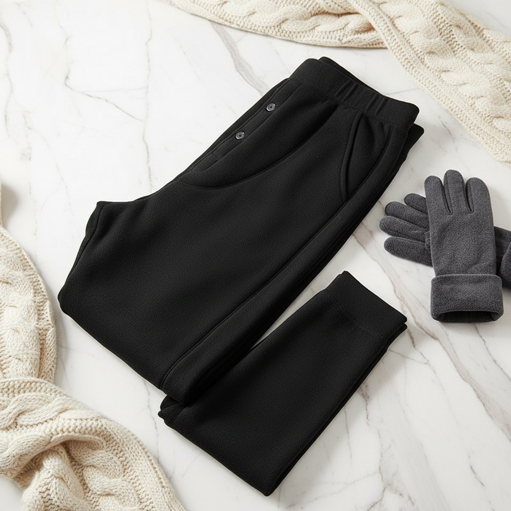 Folded in thirds with cable knit scarf and fleece gloves