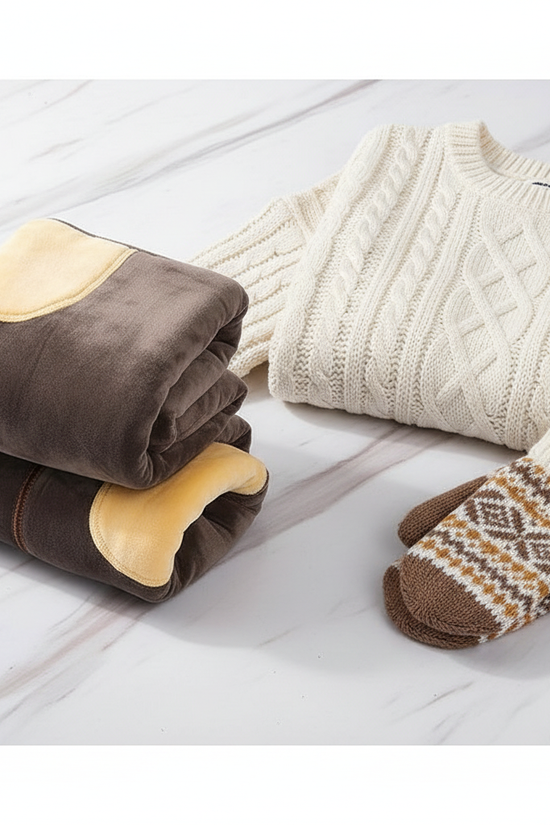 Folded with fleece showing, styled with sweater and mittens