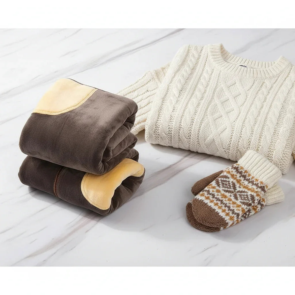 Folded with fleece showing, styled with sweater and mittens