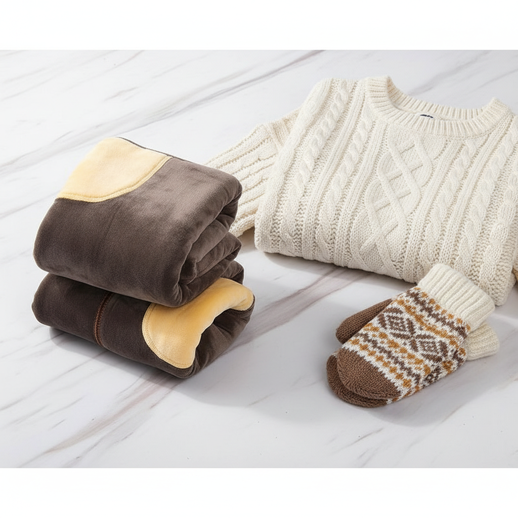 Folded with fleece showing, styled with sweater and mittens