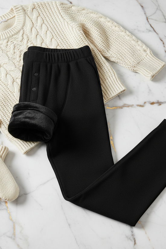 Folded with fleece showing, styled with sweater and mittens