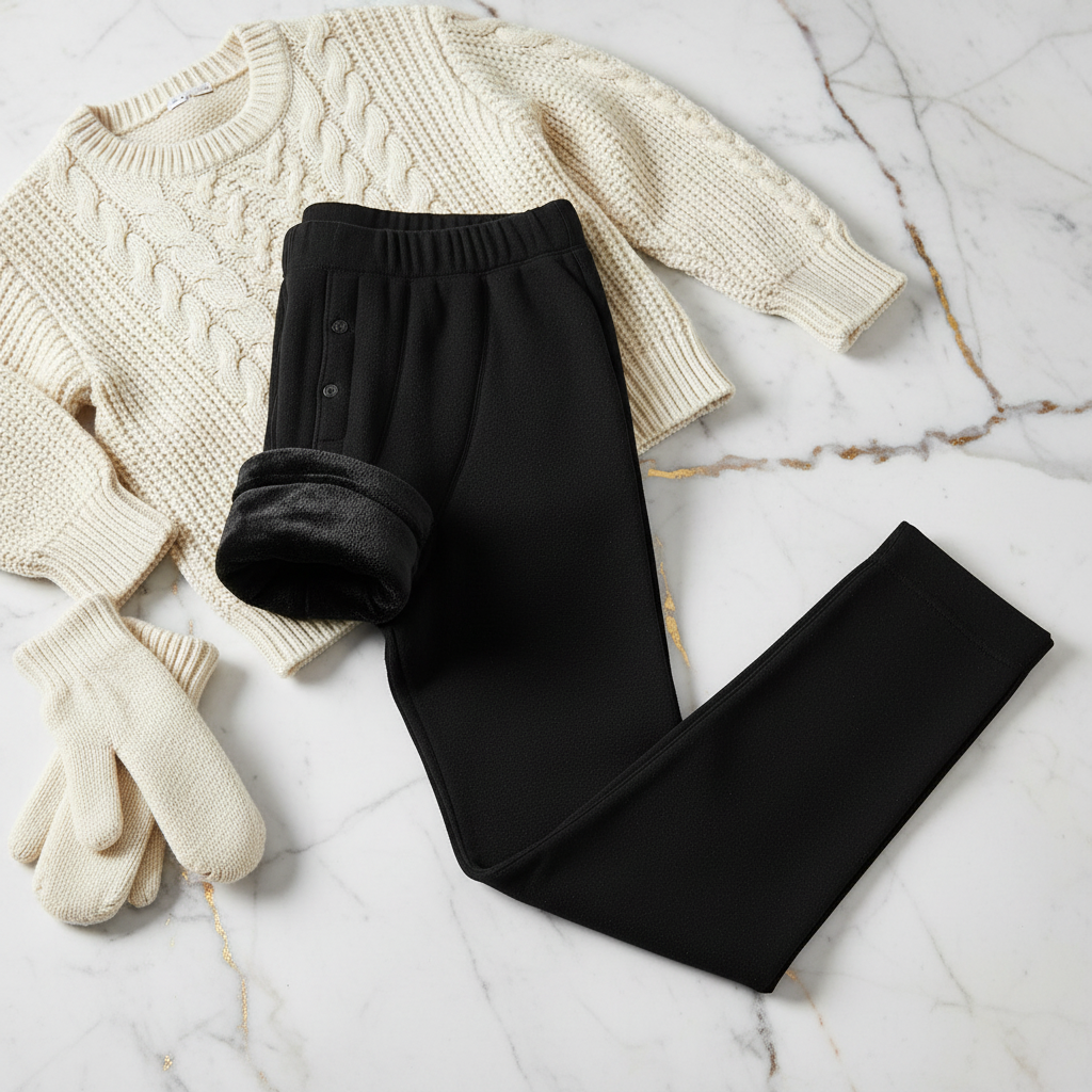 Folded with fleece showing, styled with sweater and mittens