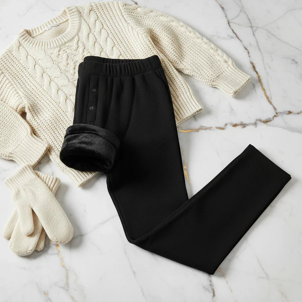 Folded with fleece showing, styled with sweater and mittens