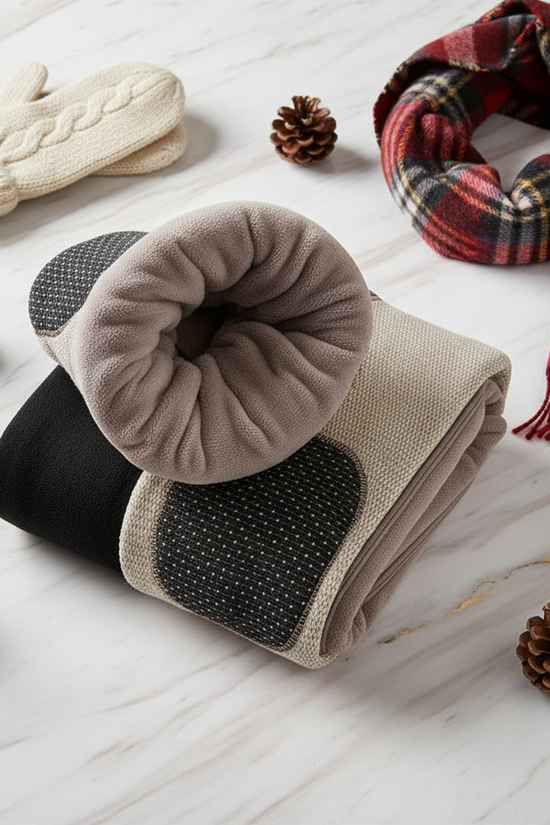 Folded with mittens, plaid scarf, and pine cones