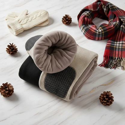 Folded with mittens, plaid scarf, and pine cones