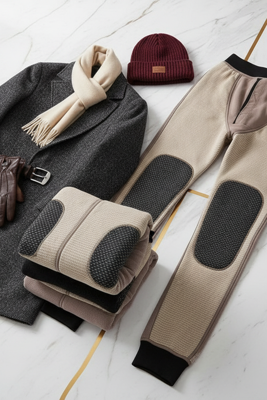 Folded with wool coat, hat, and leather accessories