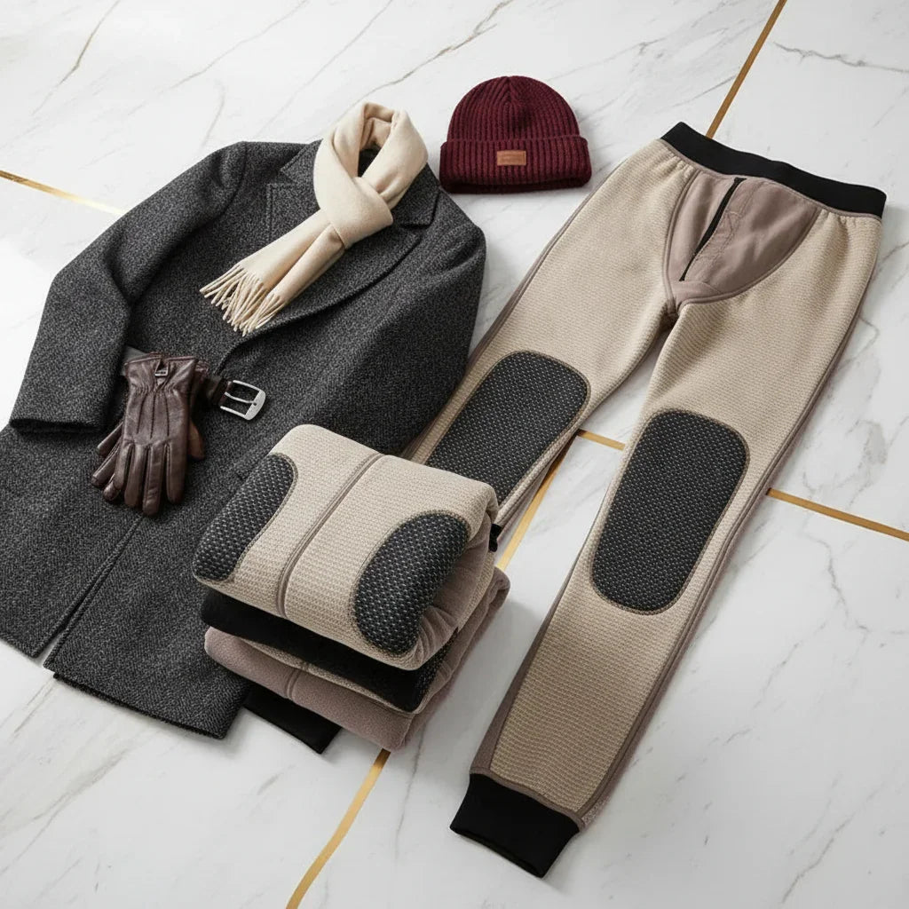 Folded with wool coat, hat, and leather accessories