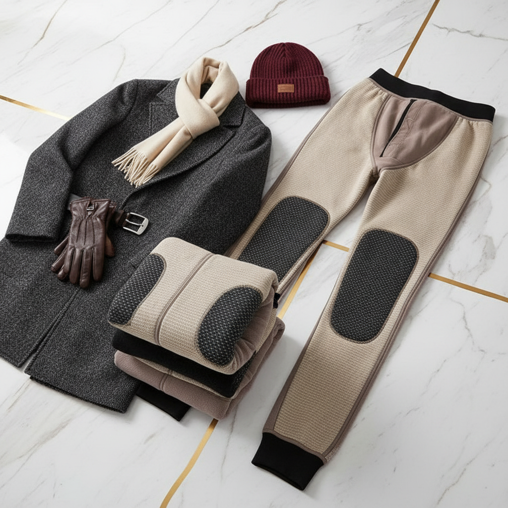 Folded with wool coat, hat, and leather accessories