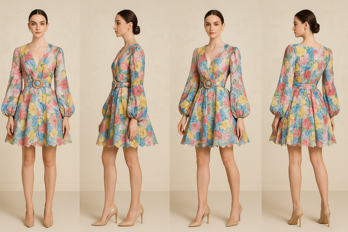 Four professional studio shots of a model wearing your colorful floral dress with high heels, preserving the belt's distinctive shape