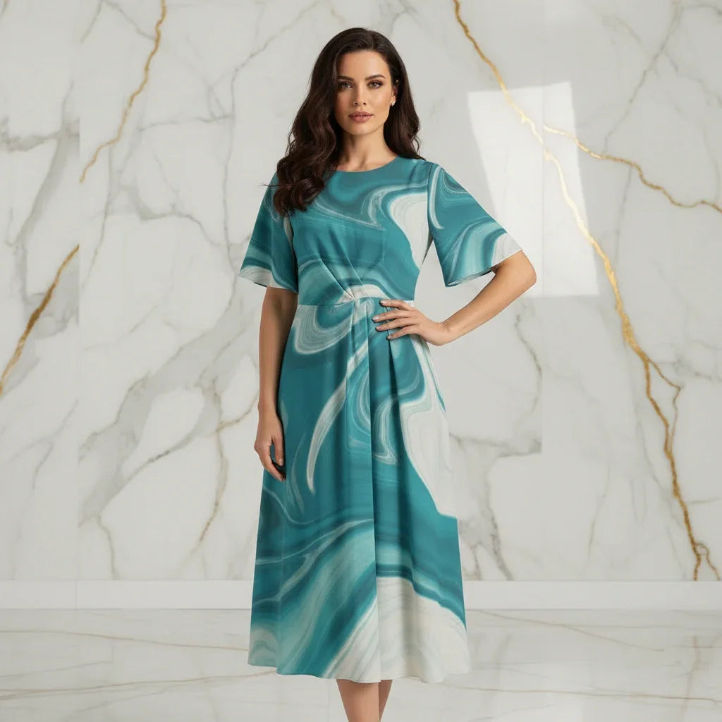 Woman in teal marble print dress poses in modern marble interior at Ivorynn fashion store