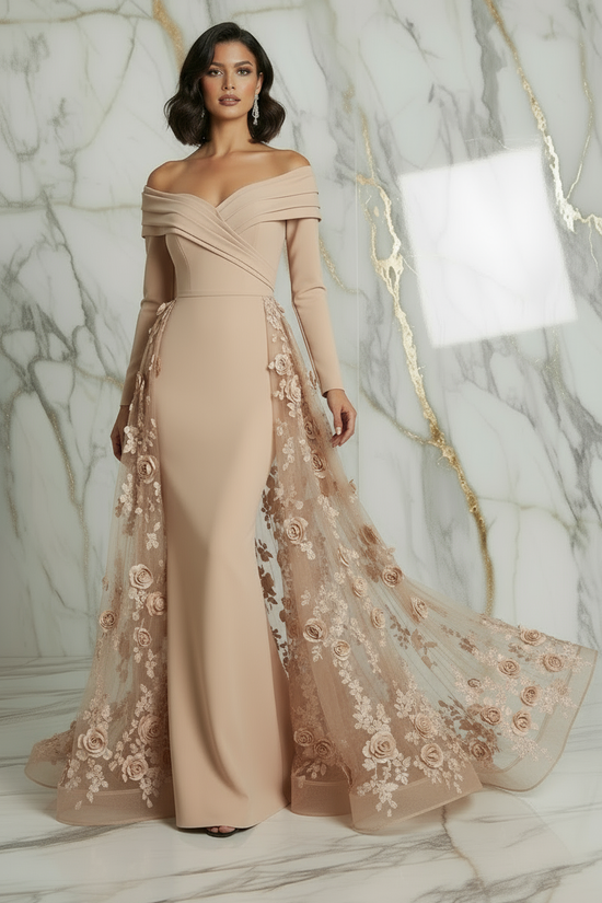 Front pose with flowing train - Beige gown