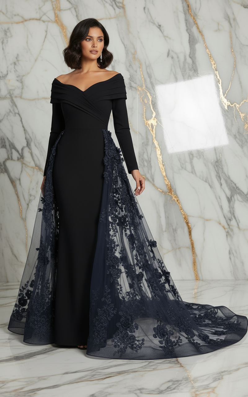 Front pose with flowing train - Black gown
