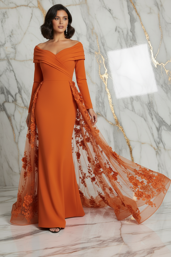 Front pose with flowing train - Orange gown