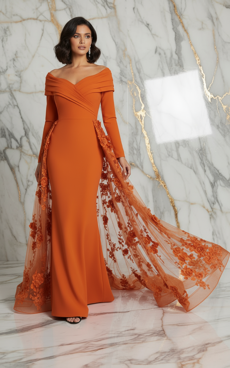 Front pose with flowing train - Orange gown
