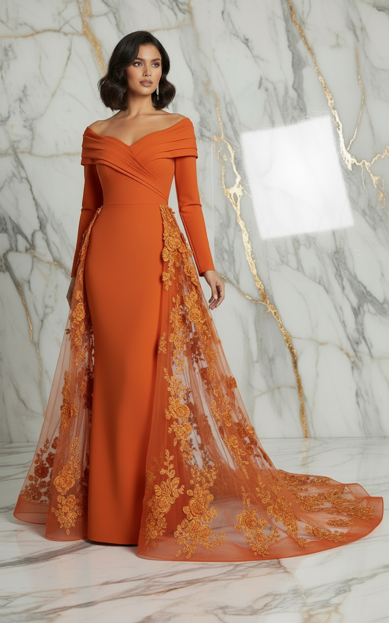 Front pose with flowing train - Orange gown