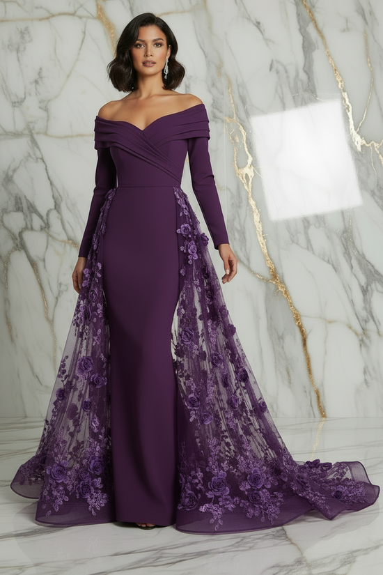 Front pose with flowing train - Purple gown