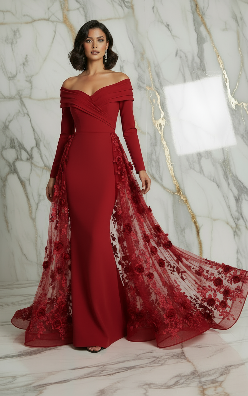 Front pose with flowing train - Red gown