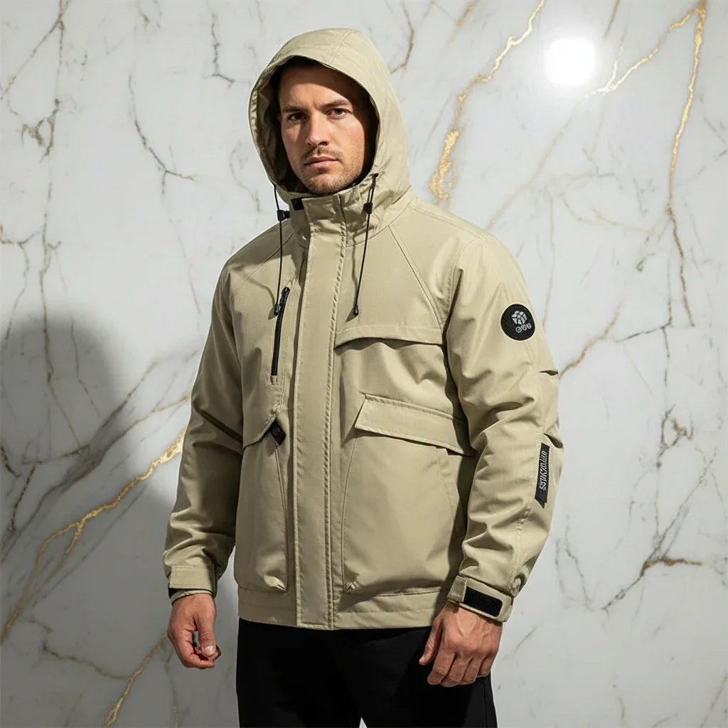 Front view - athletic man in khaki jacket