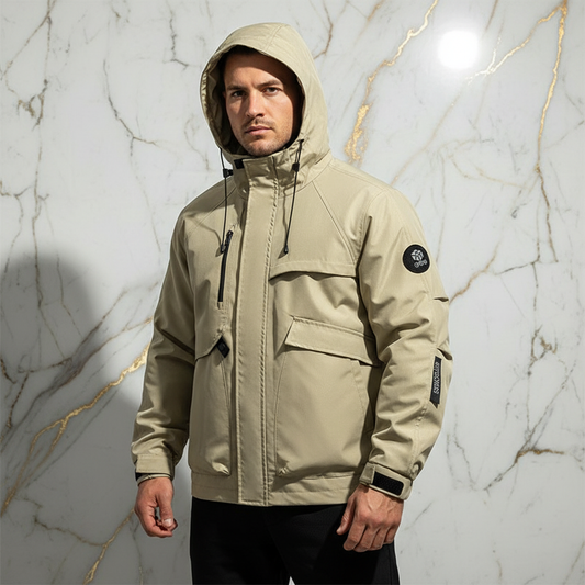 Front view - athletic man in khaki jacket