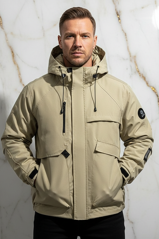 Front view - athletic man in khaki jacket