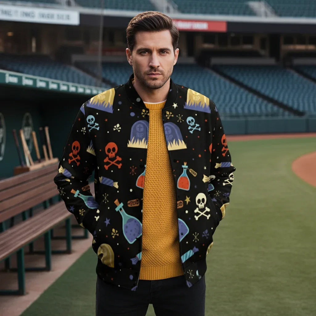 Man in graphic bomber jacket with skull and grave print at baseball stadium, Ivorynn apparel