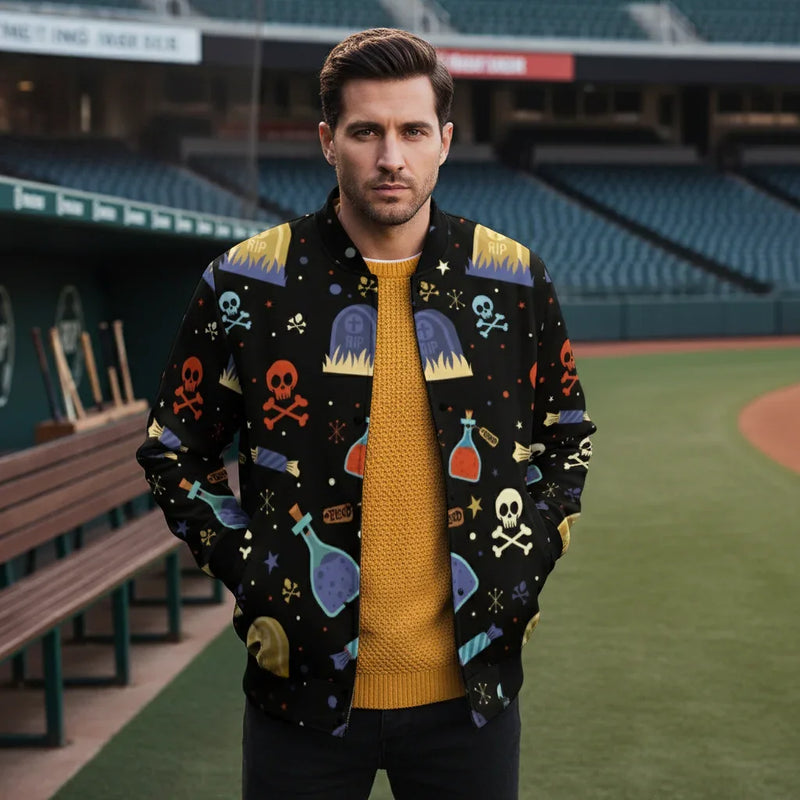 Man in graphic bomber jacket with skull and grave print at baseball stadium, Ivorynn apparel