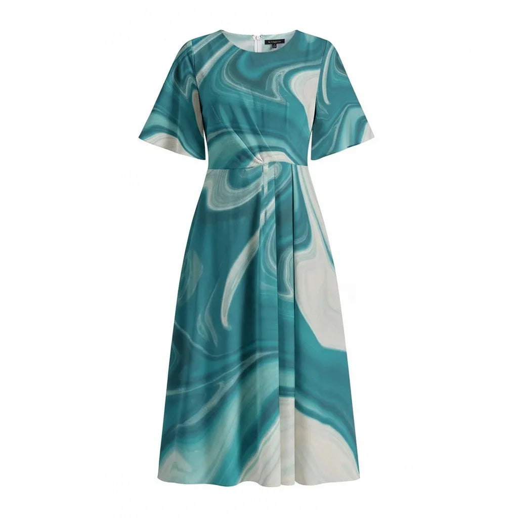 Teal and white marble print midi dress with short sleeves, Ivorynn women's fashion
