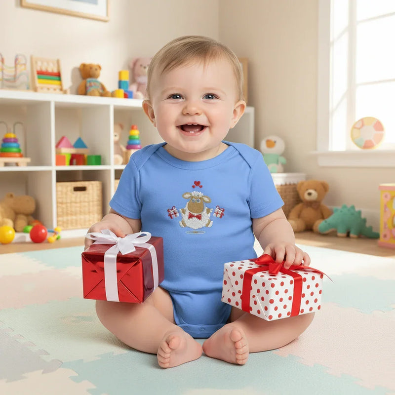 Front view of baby in blue onesie